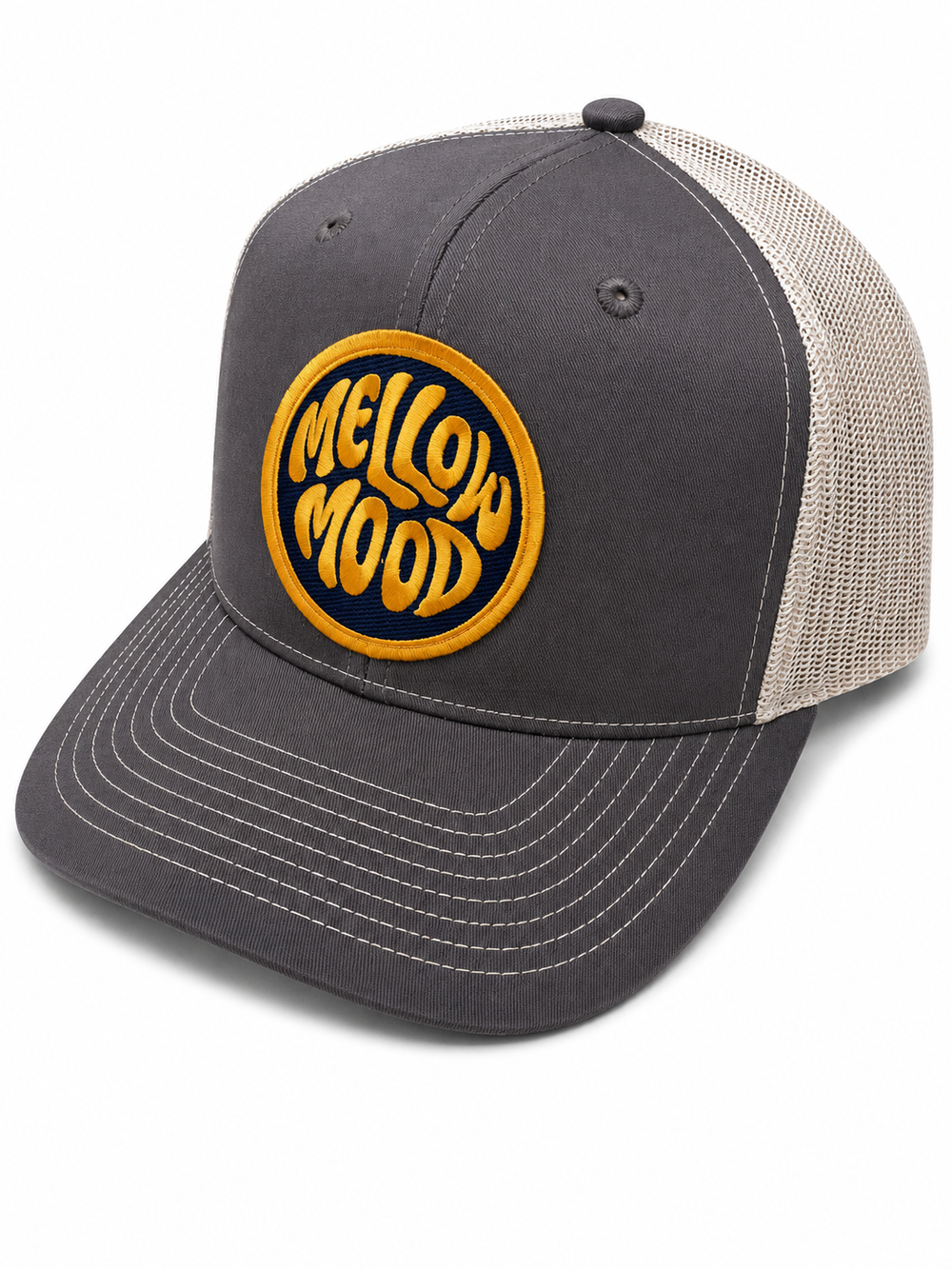 Roll With It Circle Patch Trucker Hat - Khaki / Light Khaki Hat Gold / Dark Navy Patch