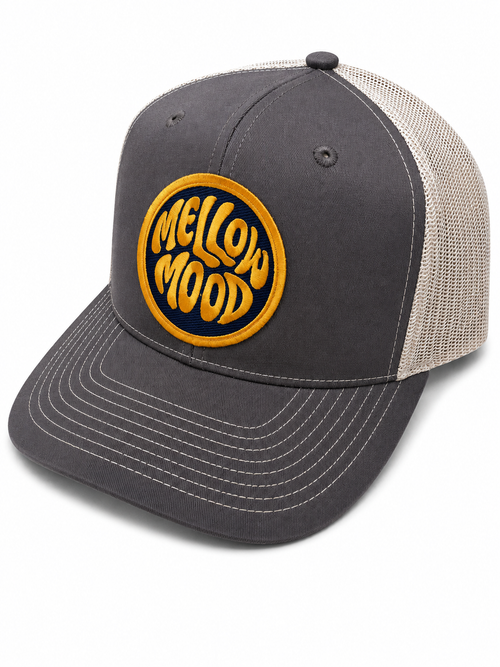 Roll With It Circle Patch Trucker Hat - Khaki / Light Khaki Hat Gold / Dark Navy Patch