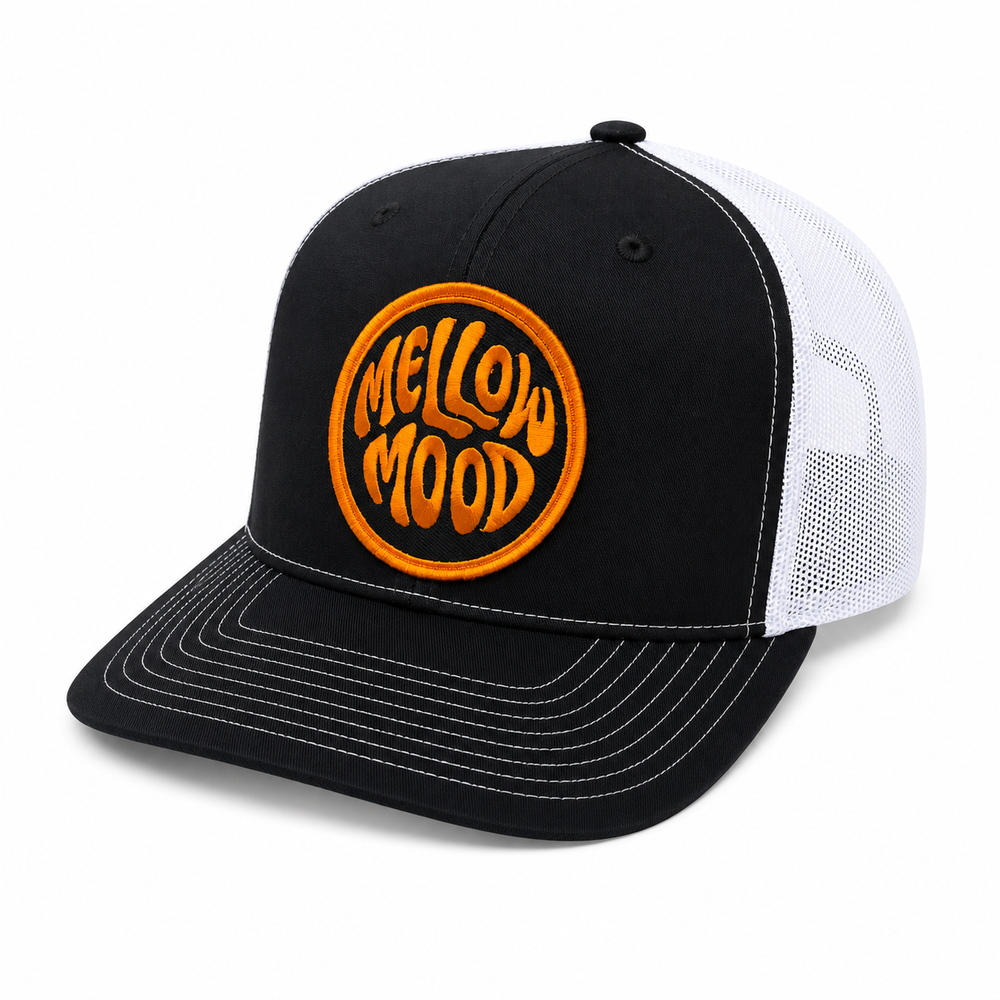 Roll With It Circle Patch Trucker Hat - Black / White Hat Gold / Dark Navy Patch