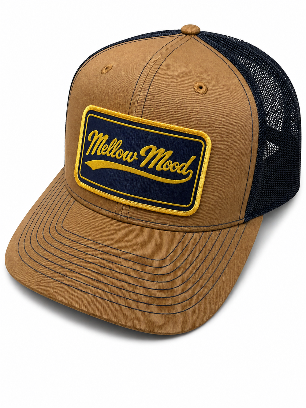 Heritage Script Patch Trucker Hat -Brown / Black Hat Navy / Gold Patch