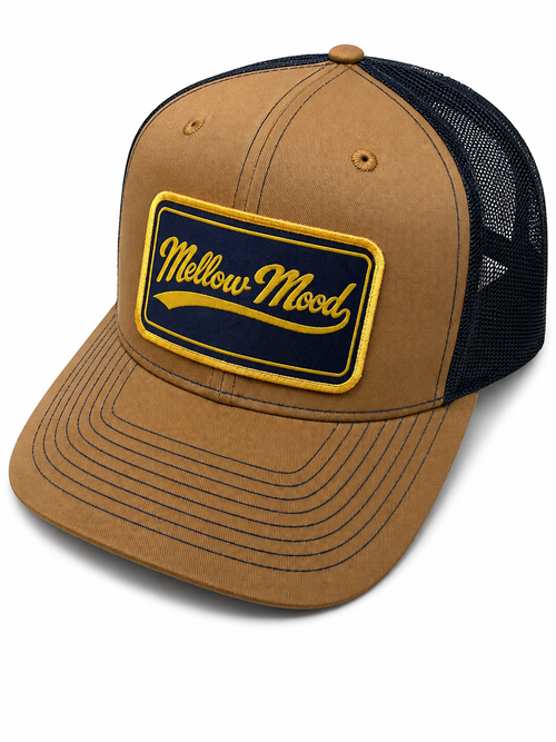 Heritage Script Patch Trucker Hat -Brown / Black Hat Navy / Gold Patch
