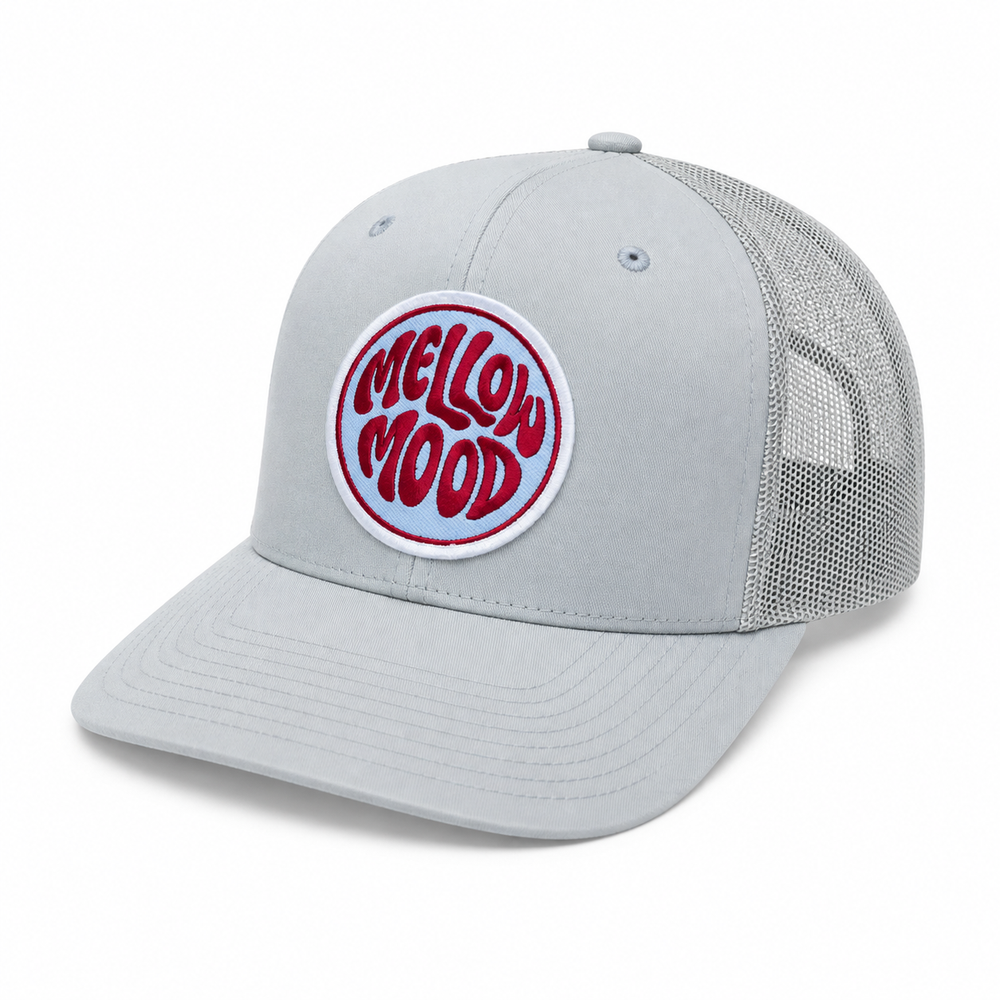 Roll With It Circle Patch Trucker Hat - Grey / Grey Hat Blue / Red Patch