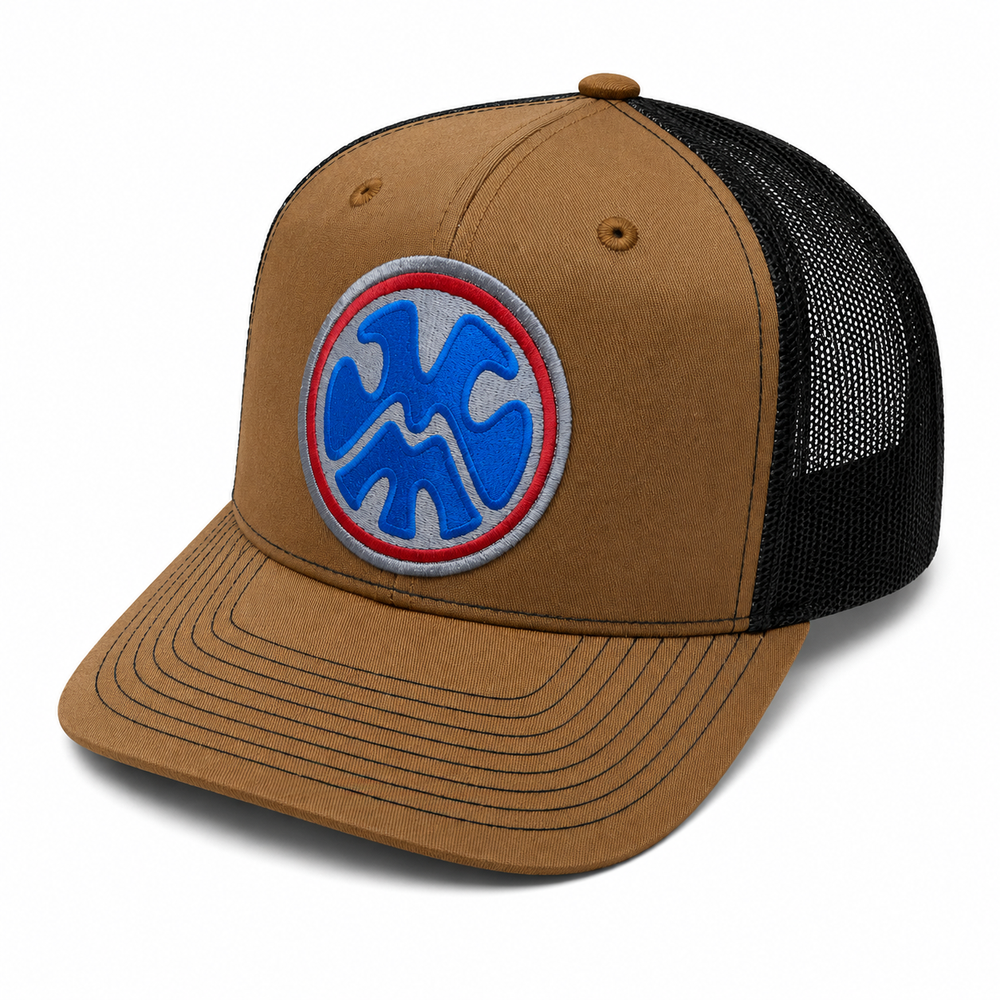 The Local Trucker Hat Patch - Brown / Black Hat Grey / Blue / Red