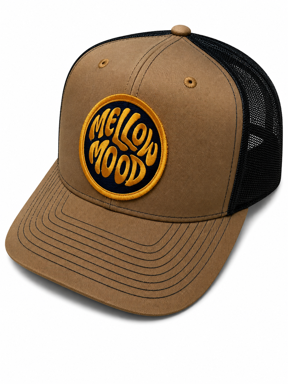 Roll With It Circle Patch Trucker Hat - Brown / Black Hat Orange / Navy Patch