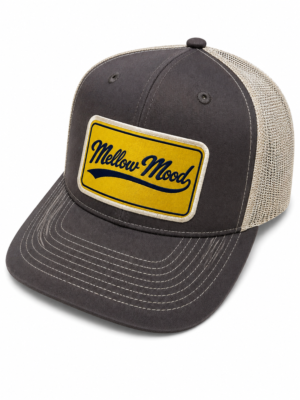 Heritage Script Patch Trucker Hat - Brown / Khaki Hat Yellow / Navy Patch